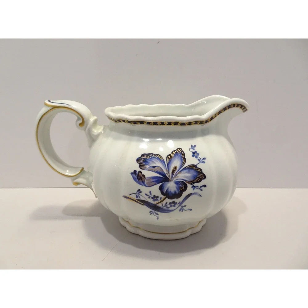 Rorstrand Sweden Porcelain Milk Jug Pitcher Blue Floral Gold Gilt Scalloped Rim